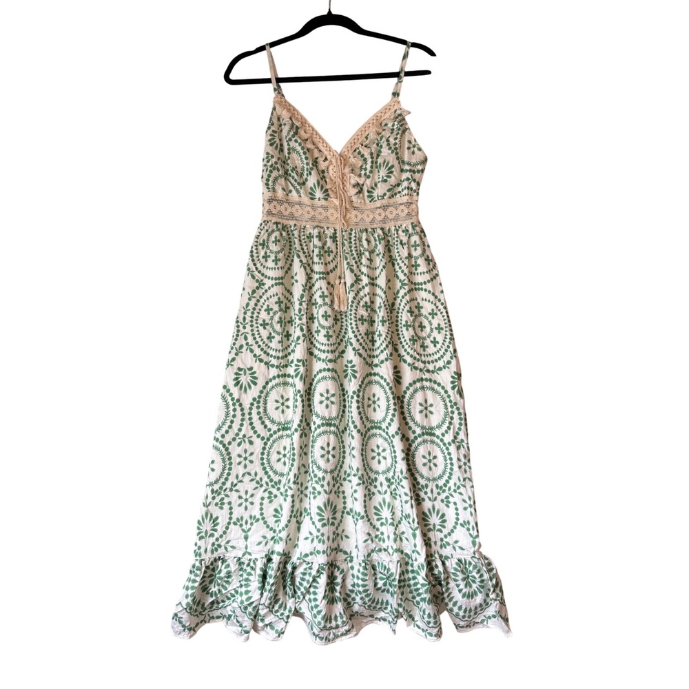 Cupshe Maxi Dress Women Green White Embroidered Boho Lace Tassel NWT SIZE Medium